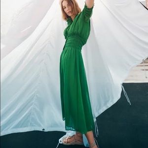 Zara green pleated midi dress button down medium NEW